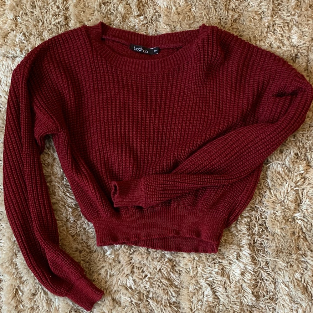 Dark Red Cropped Boohoo Oversized Sweater M/L